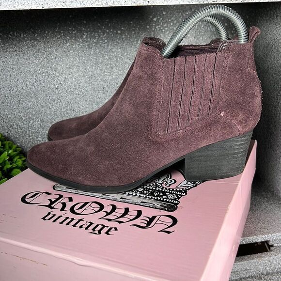 Crown Vintage Shoes - Crown Vintage Purple Suede Chelsea Ankle Bootie Womens 6.5 Block Heel Almond Toe